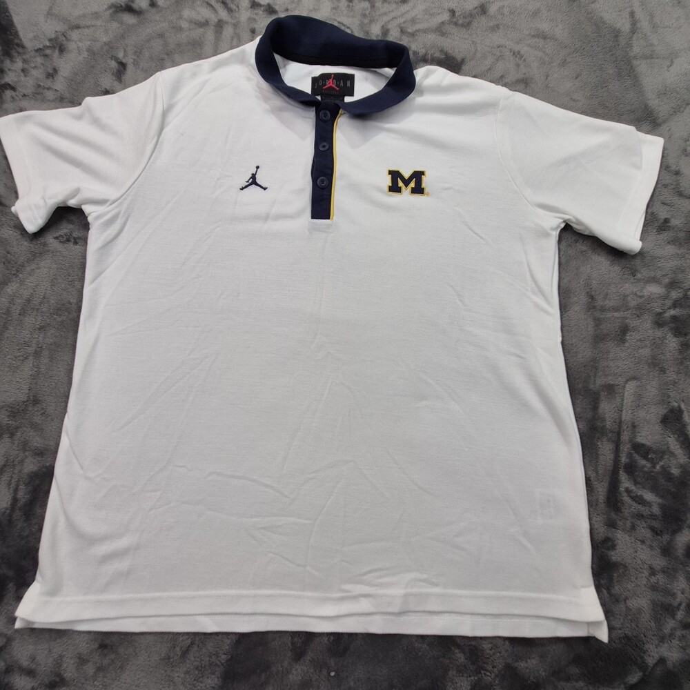 Michigan Wolverines Shirt Mens Large White Navy NCAA Football Nike Jumpman Polo